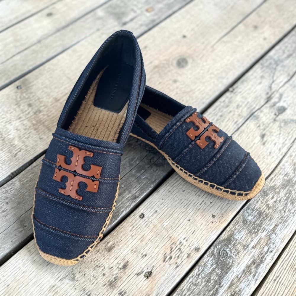 Tory Burch Navy Canvas Espadrille with Brown Logo Emblem